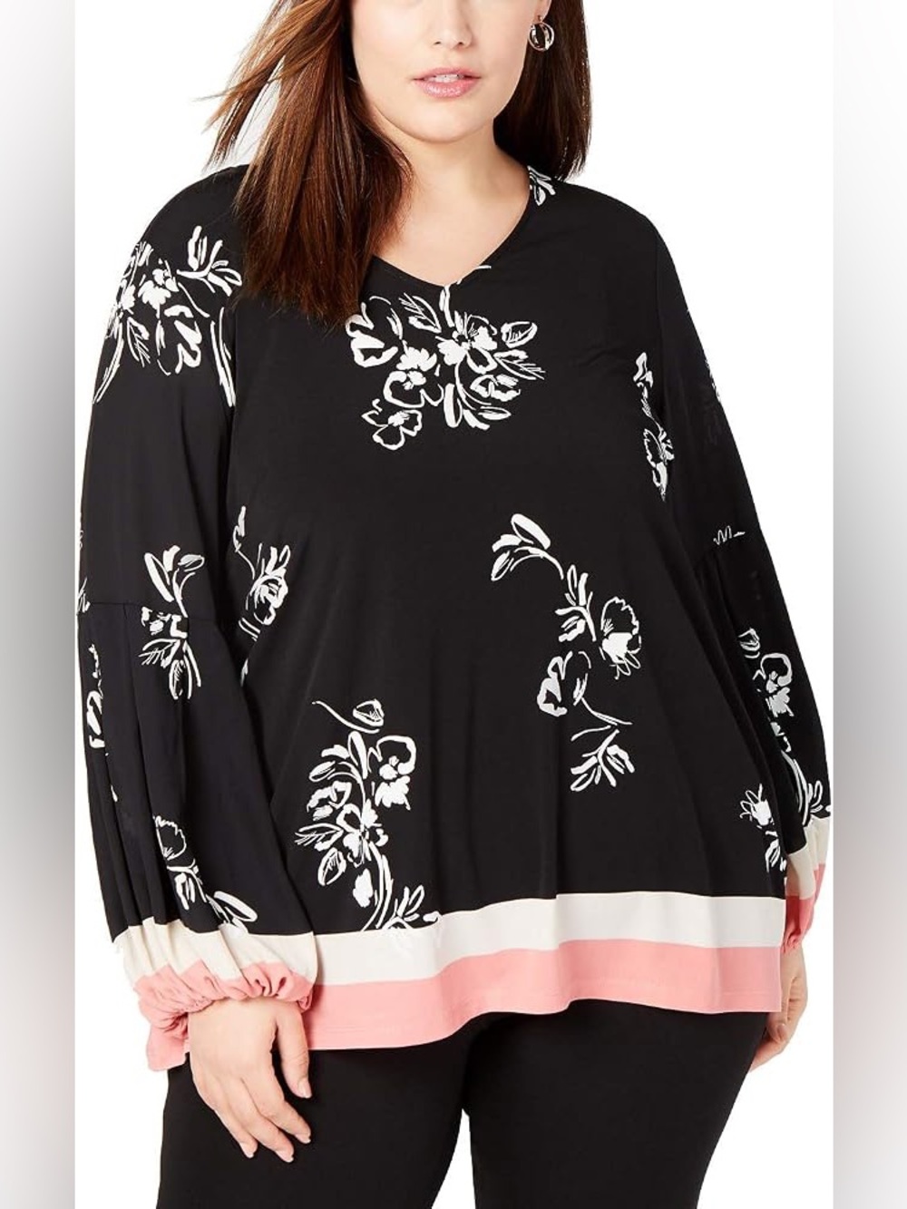 Alfani Black Floral Tunic Blouse Contrast Hem Balloon Sleeve Flowy Top 2X Chic